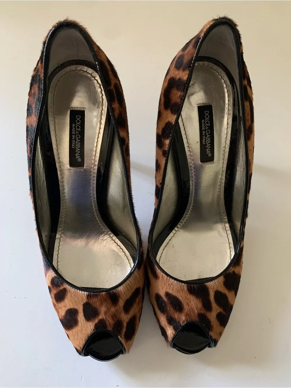 Dolce & Gabbana Calf Hair Leopard Print Peep-Toe Heels, Brown Tan Black, 36.5
